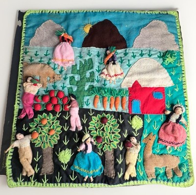Vintage Peruvian Arpillera Textile 3D Folk Art Wall Hanging 18x17 Handcrafted