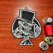 Gothic Patch Skull Dandy Hat Tip Ace of Spades Death Embroidered Iron On 4x3.25"