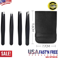 US Tweezers Set 4PCS Professional Black Plucker Stainless Steel With Case