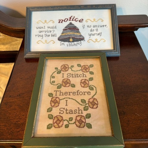 VINTAGE CROSS STITCH FRAMED "I'm stitching" and "I stitch therefore I stash".