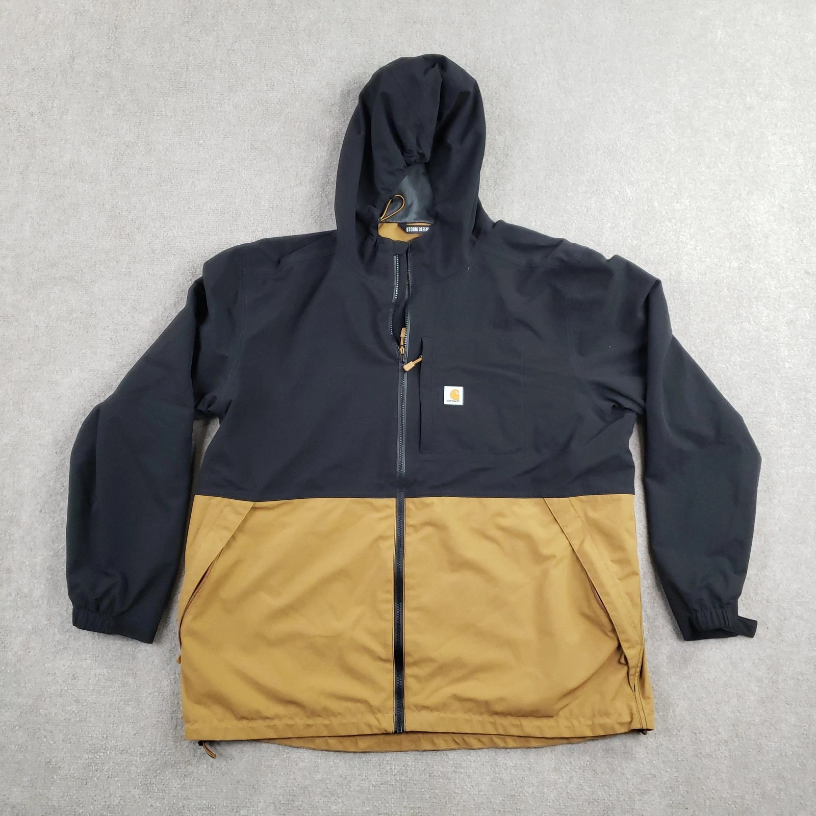 Carhartt Jacket Mens XL Black Brown Storm Defender Hooded Lined Waterproof Rain