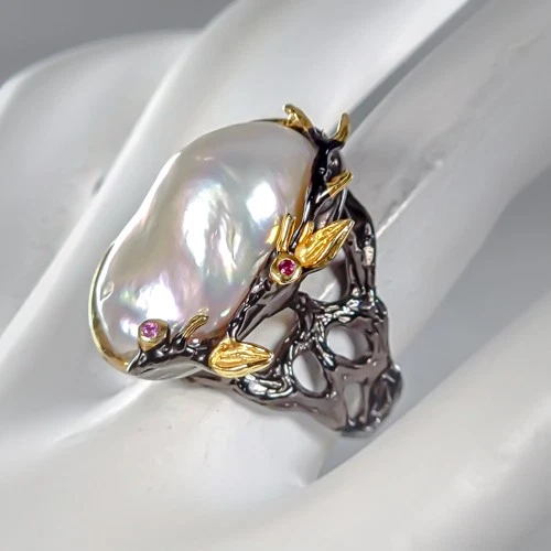 Gemstone Natural Baroque Pearl Ring 925 Sterling Silver Size 7.5 /R436938 - Image 2 of 4