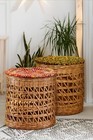 Laundry Basket Recycled Sari & Bamboo Set of Two Hand Woven Storage Baskets