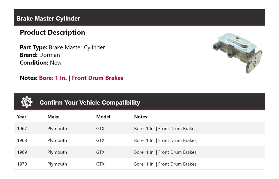 Cilindro maestro de freno Dorman Plymouth GTX 1967-1970 1968 1969 Foto 2 de 4