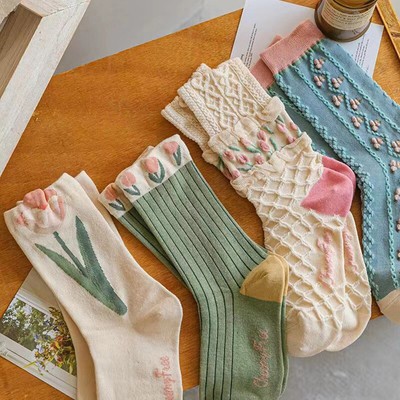 New Women Socks Korean Style Flower Trend Casual Cotton Socks Girls Crew So BL
