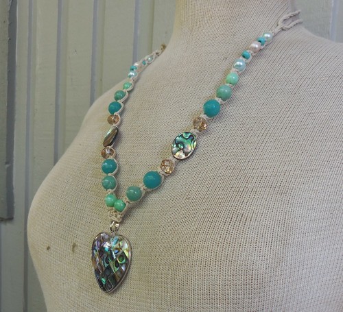 Abalone Shell Heart Adjustable Hemp Necklace w/ Amazonite Gemstone Beads Pearls - Picture 5 of 8