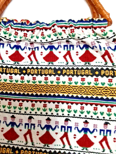 Portugal Souvenir Tapestry Bag Purse Cane Handle Dancing Couples Vintage Tourist - Picture 6 of 10