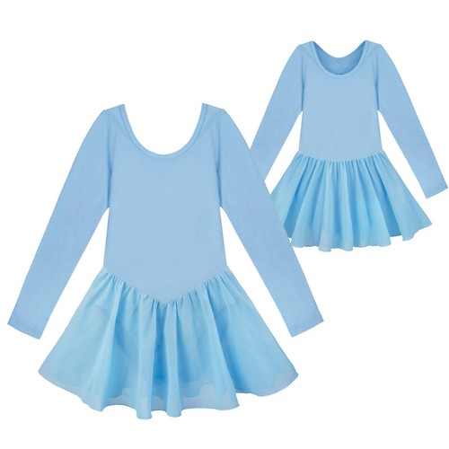 Girls Long Sleeve Ballet Dress Solid Color Leotard Tutu Skirt Dancewear Costumes - Picture 14 of 56