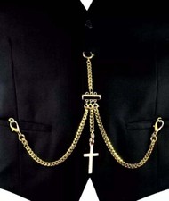 Gold Plated V Strong Pocket Watch Albert Double Chain Spring Ring Clasp  FOB