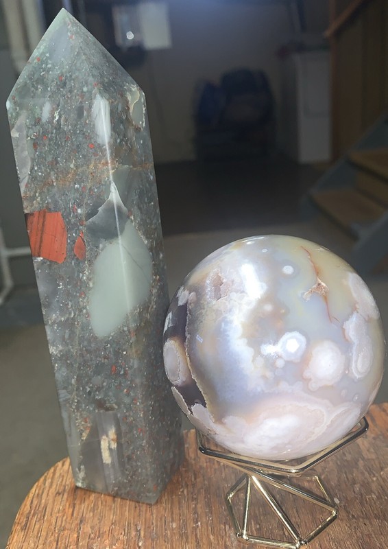 Healing Crystal Lot-African Bloodstone Tower+Black Flower Agate Sphere