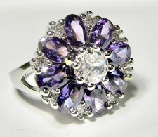 Silvertone Ring Purple Flower, Rhinestones, Great Sparkle, Size 7