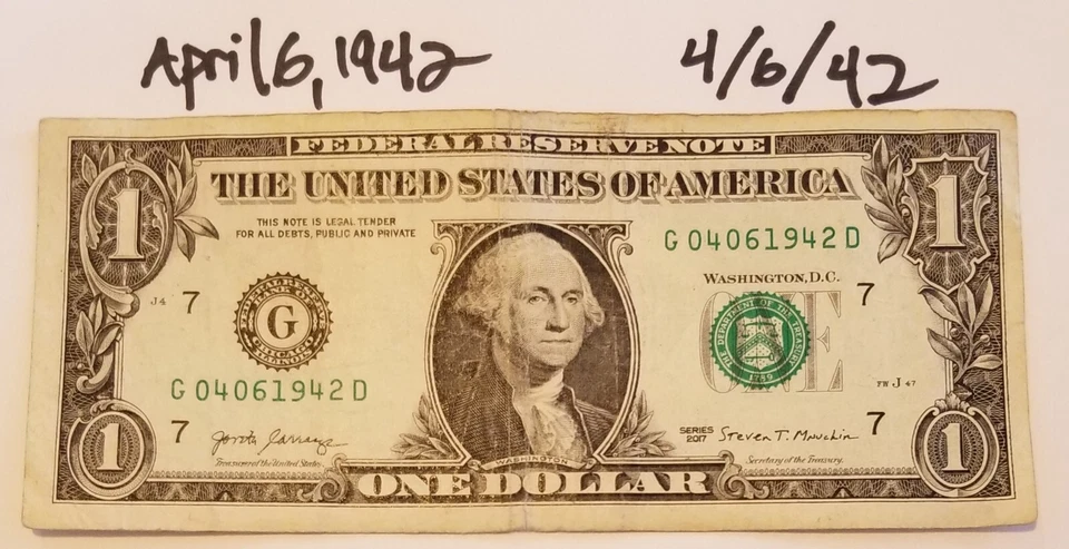 Billete de dólar de cumpleaños 6 de abril de 1942 Segunda Guerra Mundial Teatro del Pacífico Billete de moneda de Estados Unidos 2017 G Foto 3 de 4
