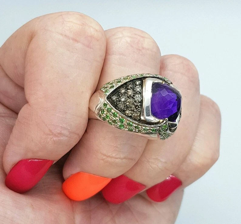 Piedras preciosas de amatista, zafiro blanco y tsavorita de 10,44 TCW con anillo de plata 925 real Foto 2 de 4