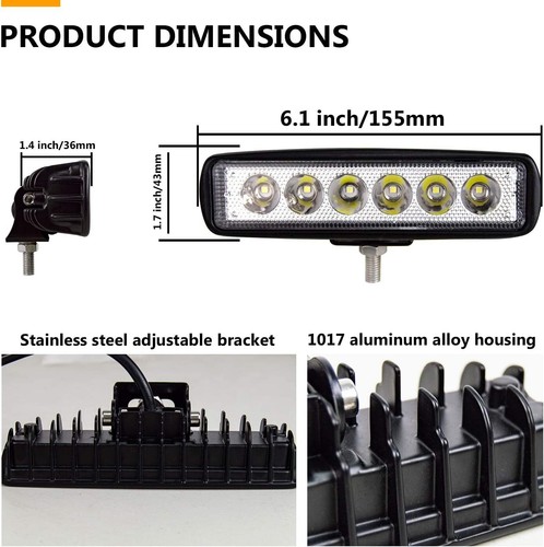 Foco Barra LED para Coche 18 Vatios 6 LED 12V Luz Fría 6000° K Faro Jeep 2pz - Imagen 2 de 6
