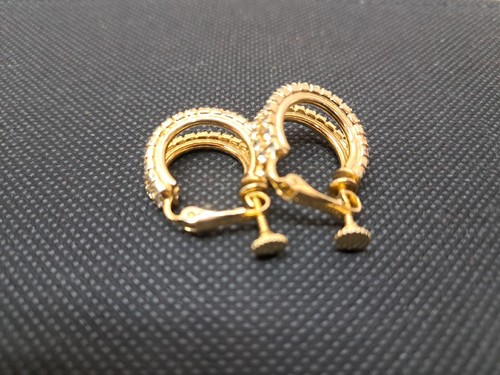 Vintage Les Bernard Rhinestone, Gold Plated Double Hoop Clip On Earrings - Picture 6 of 8