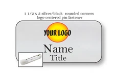 1 SILVER NAME BADGE COLOR LOGO CENTERED 2 LINES OF IMPRINT PIN FASTENER