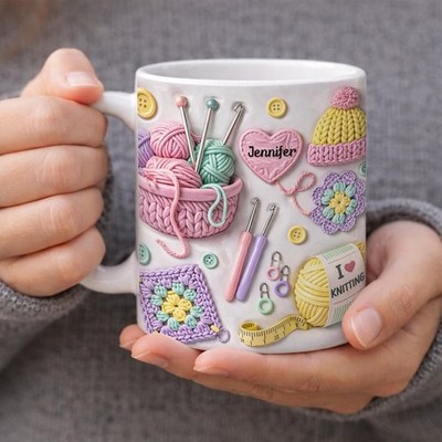 2D PRINTED Personalized Knitting Mug, Crochet Lover Gift, Custom Name Yarn Mug