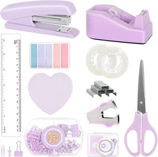 Office Supplies Set, Purple Stapler and Tape Dispenser Set with Staple Remove...