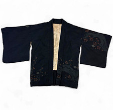 Japanese traditional black rose patterned Haori Kimono XL 100
