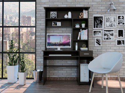 Black Wengue Computer Desk with Hutch & 7 Shelves