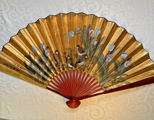 Vintage Chinese Wall Fan Large Hand Painted Bird Floral Decor Folding Fan Art