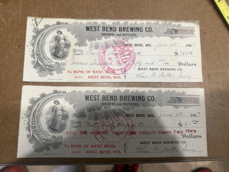 2 West Bend Brewing Co Brewers & Bottlers Checks