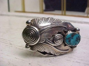 Vintage American Indian Navajo Sterling Turquoise Ring Signed J  - Size 8