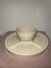 Longaberger Pottery Woven Traditions Ivory Chip Tray Dip Bowl With Lid