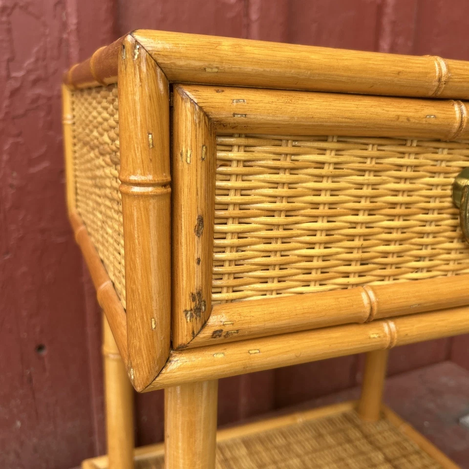 Mesita de noche dividida de bambú de 2 niveles 1 cajón mimbre ratán vintage 21x18x14 Foto 3 de 4