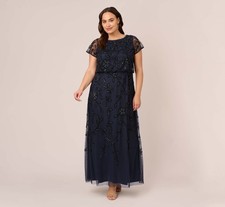 Adrianna Papell Plus Size Blouson Beaded Short-Sleeve Gown - Navy Black Size 16W