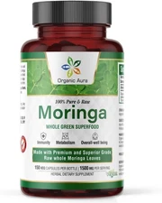 Organic Moringa Leaf Capsules | 1500mg - 150 HPMC Veg | Whole Leaves Green 