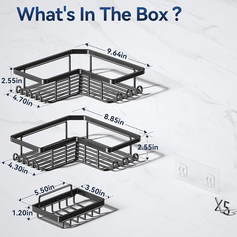 L-Shaped Corner Shower Caddy Adhesive Organizer Rustproof W/ Hooks Soap Holder