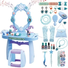 deAO Toddler Vanity Makeup Table Toy with Mirror & Chair,Kids Vanity with Lig...
