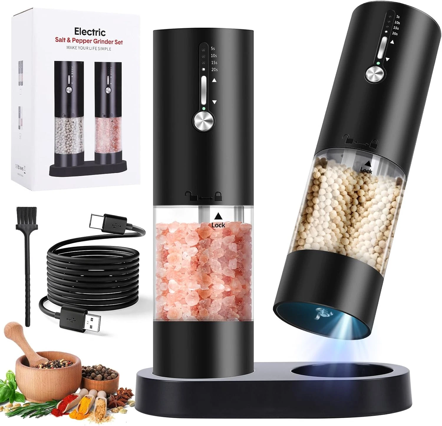 Electric Salt and Pepper Grinder, 120Ml Capacity, 4 Level Timer, Salt and Pepper