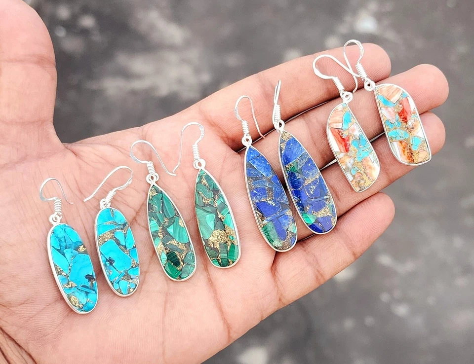 Copper Turquoise Gemstone Handmade Bezel Earrings For Women Jewelry - Image 2 of 4