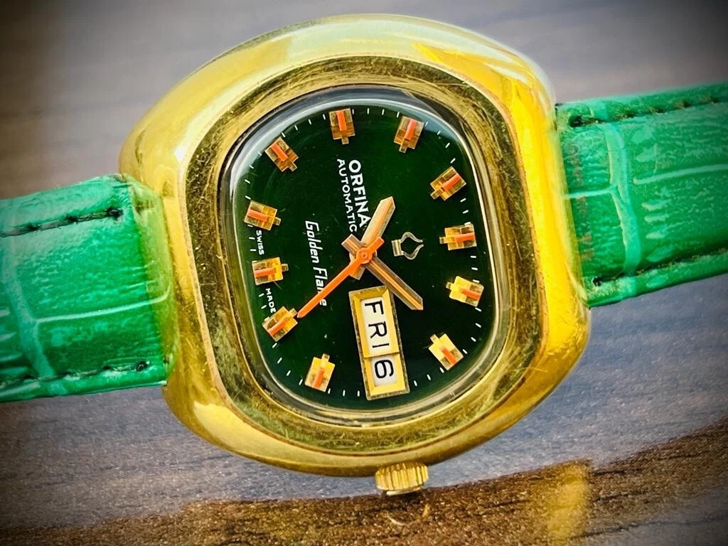 Vintage Orfina Golden Flame Emerald Green Dial Automatic Mens Swiss Watch 39mm