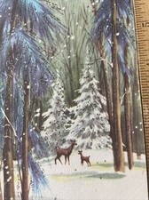 Vtg Christmas Card Deer Fawn Doe Glitter trees Snow Covered Tall Pines MCM Blue