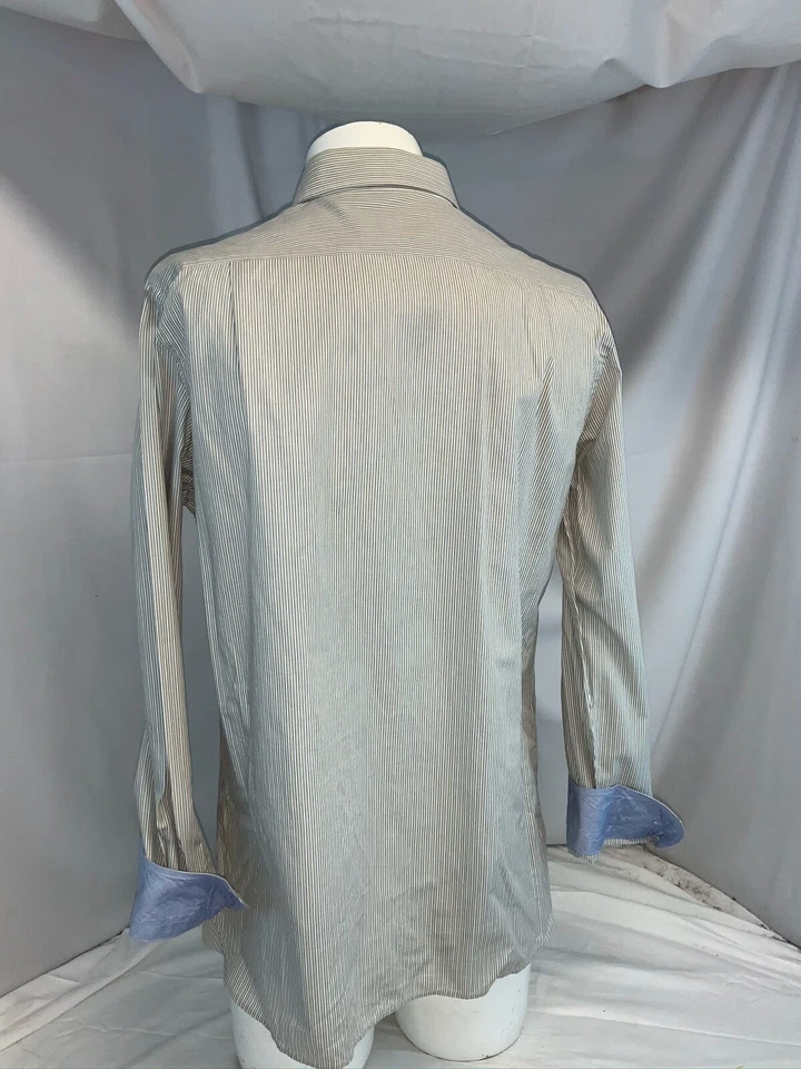 Camisa Hickey Freeman Puño Abatible M Hombres Amarillo Rayas Azul Algodón India YGI D0-558 Foto 4 de 4