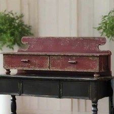 Primitive Aged Red Counter Shelf Vintage Look Farmhouse Rustic Drawers Footed