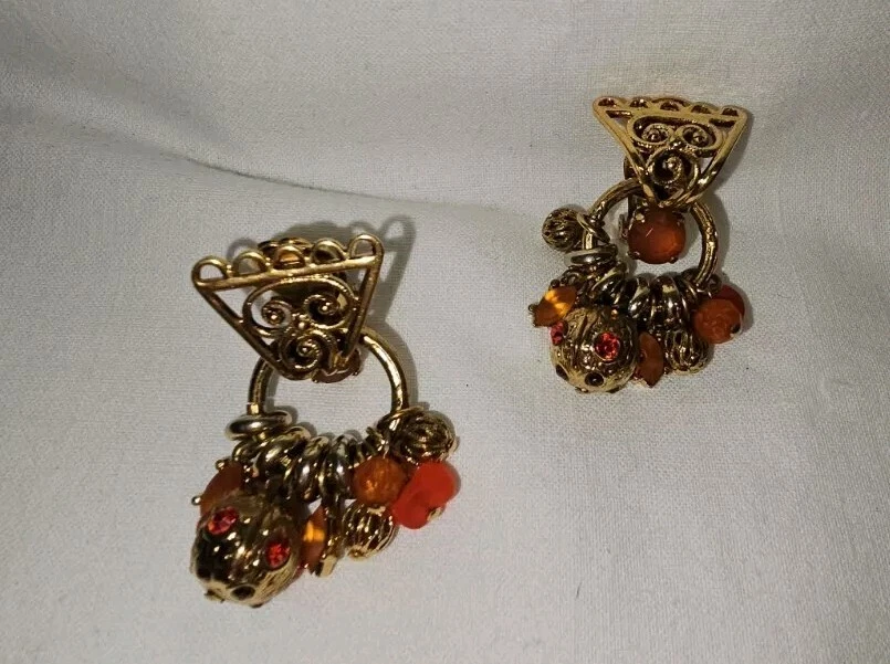 Gil d'Agena France Ohrclips Clips Orientalisch Goldfarbig m.Kristalle Perlen - Bild 3 von 4