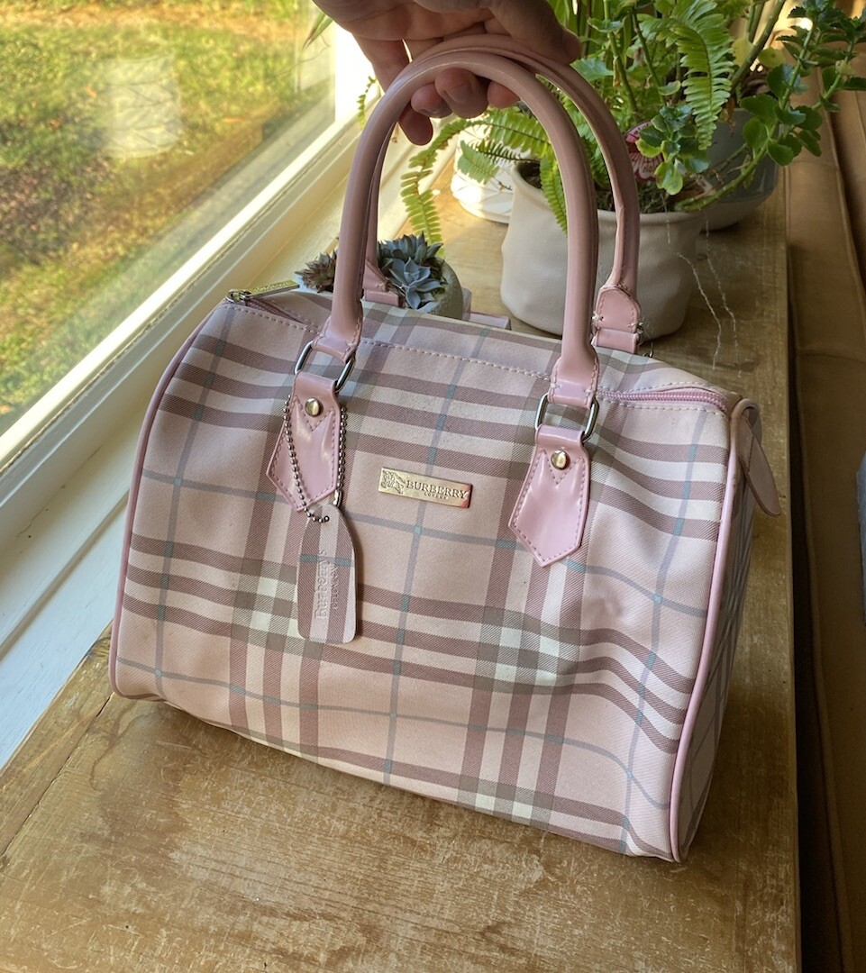 BURBERRY Nova Check Blue Label Hand Bag Nylon Pink Silver