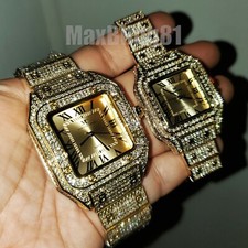 Luxury Iced Square Lab Diamond Metal Band Dress Clubbing wrist Couple Watch Set