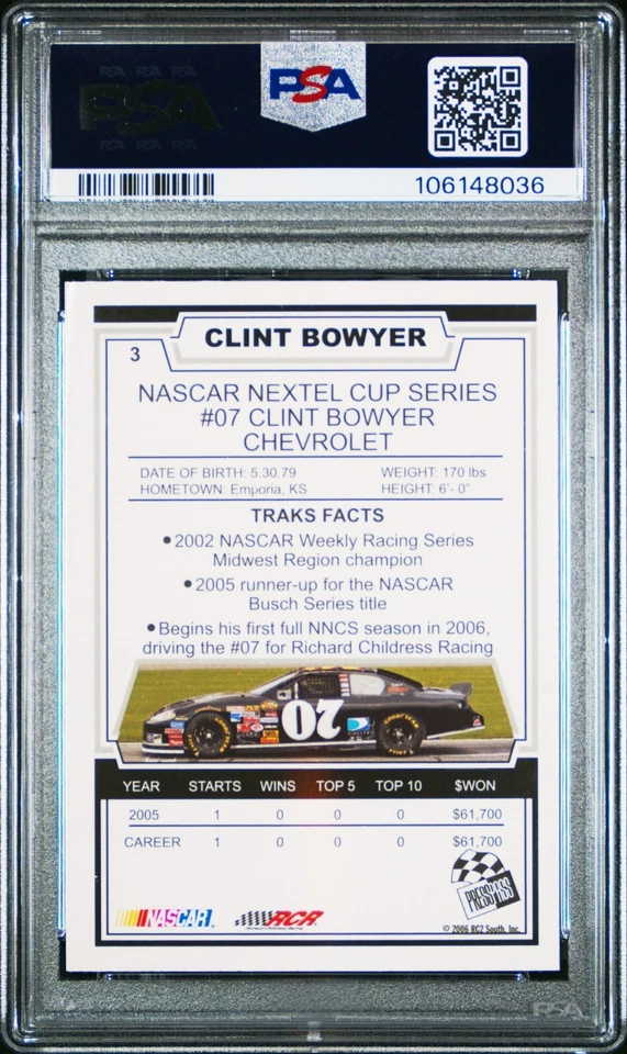 Clint Bowyer 2006 Press Pass Traks Rookie Card #3 Graded PSA 10 Gem Mint NASCAR - Image 2 of 2