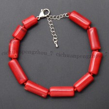 Natural Red Coral Gemstone Cylinder Column Barrel Beads Bracelet 8-9''