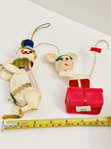 2 Vintage Mouse Ornaments Whimsical White Mouse Christmas Blue Hat Felt Flocked - Picture 15 of 15