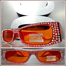 Classy Elegant Exotic Vintage Retro Style SUNGLASSES Red Frame Bling Rhinestones