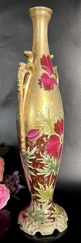 Tall Antique Nippon Vase Art Nouveau Double Handles Japan Gilt Flowers 17” - Picture 6 of 24