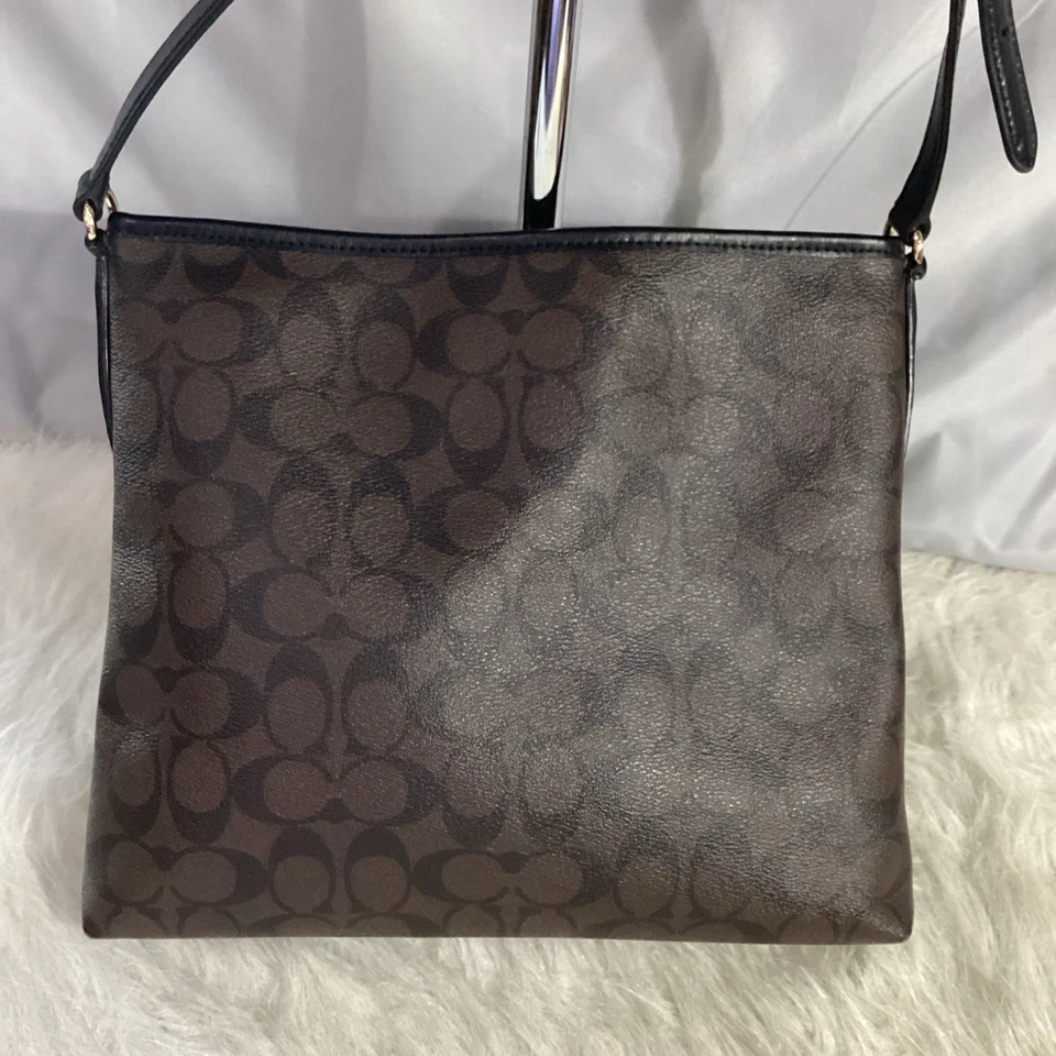 Coach Signature Zip File Crossbody Bag Brown Canvas Black Leather F58297 (7) - Image 4 of 4