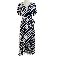 CAbi The Perfect Wrap Dress Blue White Polka Dot Size Small Short Sleeve Maxi