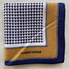 VTG White Cotton Blue Houndstooth Handkerchief Brown Border Pocket Square 16" P